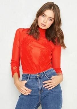 Free People Take HAH Bow Reversible Bodysuit Red Sheer Lace NWT S Fairy Boudoir